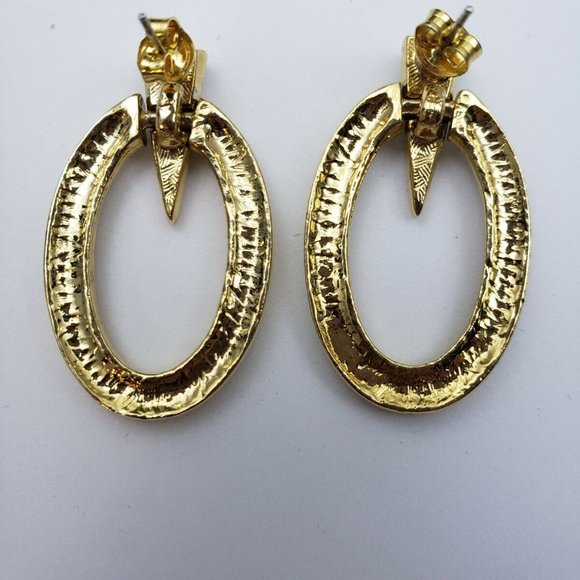 White Rhinestone Gold Tone Oval Drop Pierced Earri - Picture 4 of 4